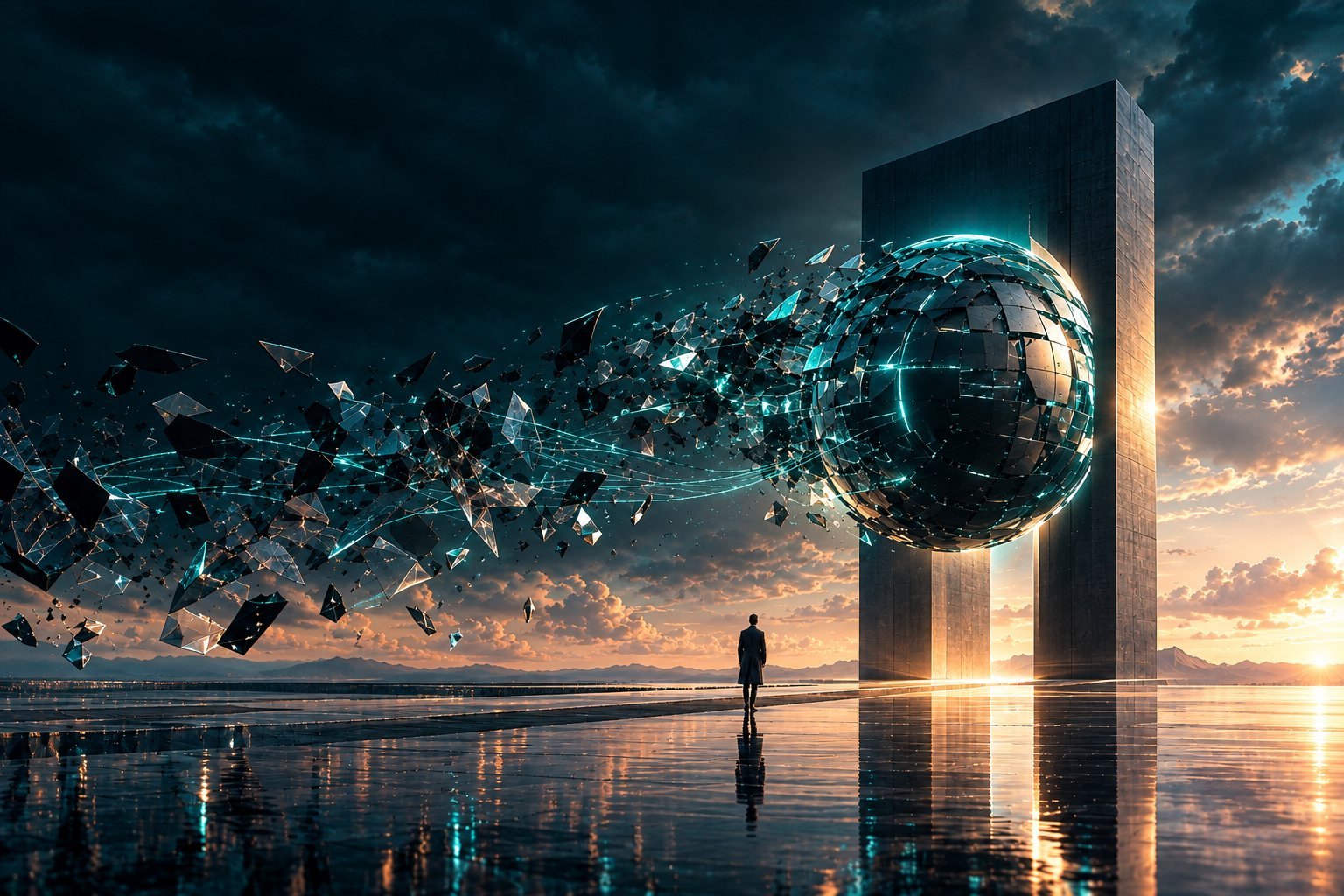 Uma pessoa diante de um portal monumental e uma esfera de painéis metálicos que se reorganiza